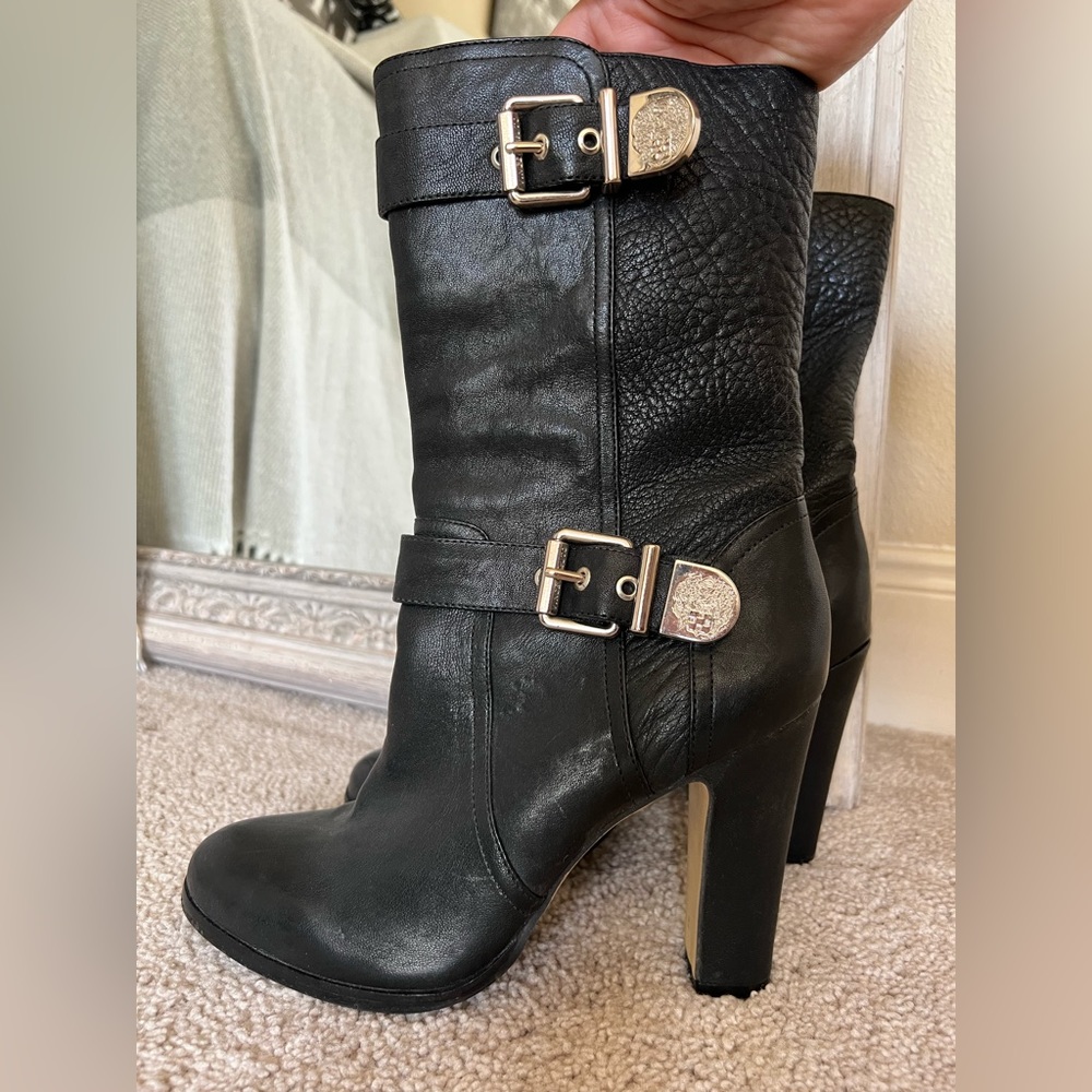 Vince Camuto black leather high heel calf boot size 8M.